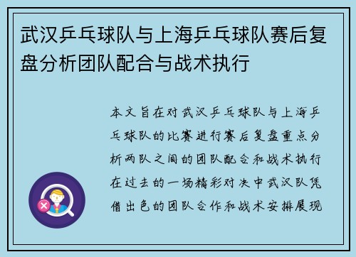 武汉乒乓球队与上海乒乓球队赛后复盘分析团队配合与战术执行